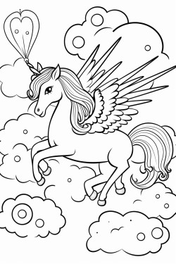 winged unicorn riding a rainbow and clouds