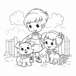 cute kids dogs and cat playing in the garden coloring book for toddlers
