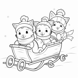 The illustration should be in SUPER SIMPLE black and white bold line art with a clear mostly empty background INCLUDES ONLY OUTLINES WITH NO FILLED IN BLACK AREAS ensuring no shading no complex images and making it very easy to color in between the lines Two cats riding a sleigh together