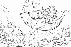 mermaid leading a drifting shipwreck gently down to settle on the ocean floor