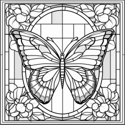 stained glass window featuring a butterfly