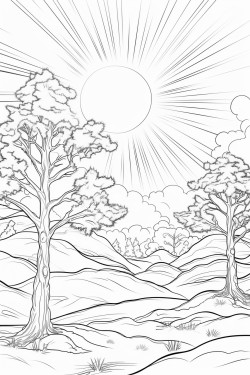 winter tree scene with the sun shining and sun rays