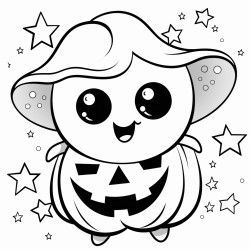 cute ghost holding a pumpkin smiling with big round eyes surrounded by stars bats and a crescent moon