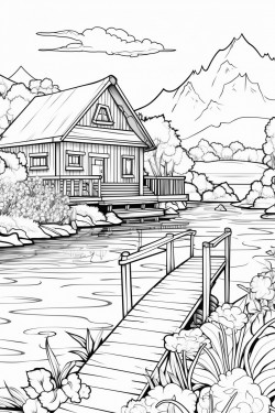 switzerland landscape with a quaint stone house surrounded by flowers wooden dock extending into a lake