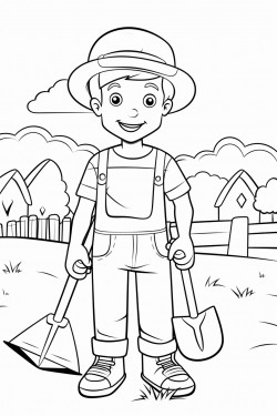 a farmer boy holds a hoe and axe a farm in background bold and easy