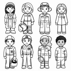 a community workers coloring page that includes a teacher astronaut doctor nurse postman firefighter chef astronaut and police officer
