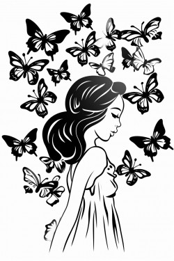 young girl with butterfly wings and butterflies surrounding her