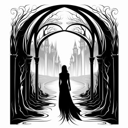 a mysterious silhouette walking through the arches of a dark gothic castle