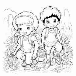 professional sketch drawing of african boy and a girl chlid caring  for plants in the forest for a coloring page