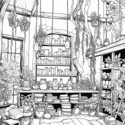 the inside of an occult store with books candles crystals and potions on the shelves a large window with potted plants in the windowsill a stone floor and wisteria hanging from the cieling