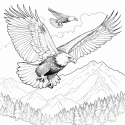 create a blackandwhite coloring page featuring majestic eagles soaring in the sky the eagles should have bold clear outlines with one spreading its wings wide include simple details like fluffy clouds distant mountains and sun rays leaving large spaces for easy coloring
