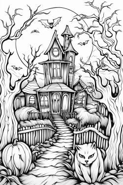 spooky haunted house with jackolanterns a cat and moon