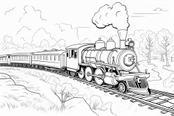 a railroad train with a steam locomotive a coal tender and passenger cars near a river