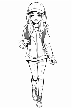 a black line drawing of a girl teenager holding her phone suitable for a coloring book no background no color