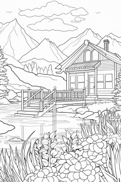 switzerland landscape with a quaint stone house surrounded by flowers wooden dock extending into a lake