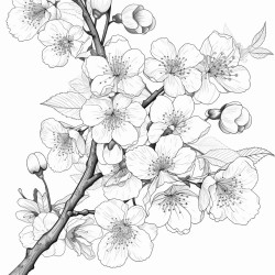 create a blackandwhite coloring page of cherry blossom branches in full bloom use bold clean outlines for the branches and flowers with some blossoms fully open and others just blooming add a few falling petals for detail keep the design simple and uncluttered with large areas