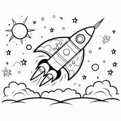 a mischievous spaceship zooming through a starry sky leaving a trail of smoke