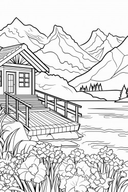 a hours in switzerland landscape with a quaint stone house surrounded by flowers wooden dock extending into a lake