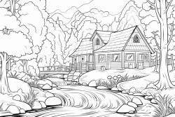 landscape cottage stream forest sunny clud no grey or black areas