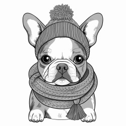 grey angrey and white french bulldog puppy with a grey and pink woolen hat and a pink woolen collar