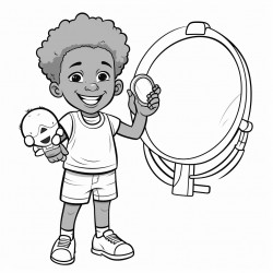 a cheerful illustration of a black child holding a mirror and smiling at their reflection