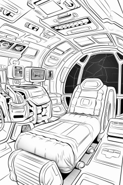 futuristic cabin of a spaceship in space with screens with a helm and with a bed