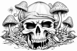 psychedelic melting image with a dragon magic mushrooms and a skull