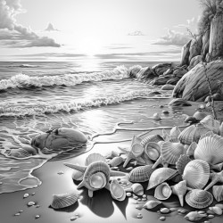 a sunset at the beach with sea shells
