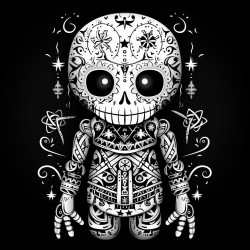 create a creepy voodoo doll with intricate mandala patterns inside of it for adult coloring book without grey shading and black background