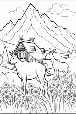 switzerland landscape with a quaint stone house surrounded by flowers and a wild goats graze in lavender fields