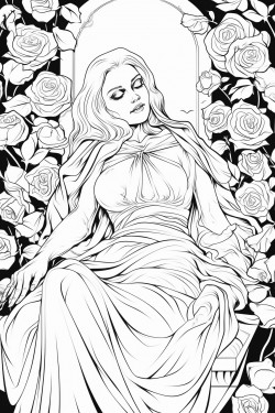 vampire in flowing white gown looking at viewer lying in coffin filled overflowing with white roses