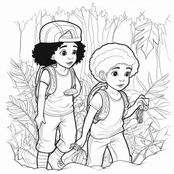 professional sketch drawing of african boy and a girl chlid caring  for plants in the forest for a coloring page