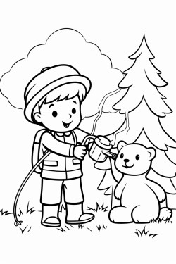 a child dressed as a french firefighter uses a hose to put out a small forest fire and save animals