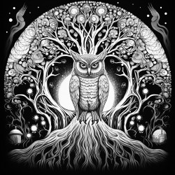 a dark spiritual themed scene with the tree of life an owl and sacred geometry