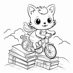 a cat riding a bicycle up a hill of books