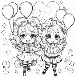 kawaii clowns with balloons and presents rainbows