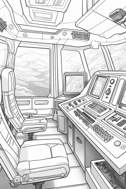 space ship cabin with screens with desk space futuristic detail