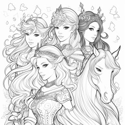beautiful princesses with brave knights or dragons or unicorns or witches coloring page