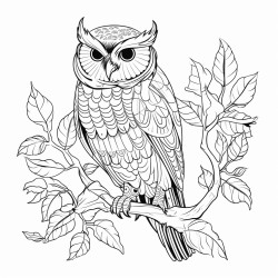 coloring page owl perched on a tree branch with leaves around no shading high details thick lines