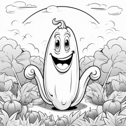 cartoon character of banana with a face in a garden