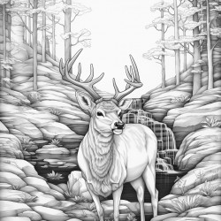 a deer in front of a waterfall
