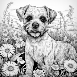 border terrier dog on big fluffy pillows