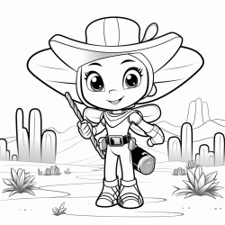 female superhero bee in a desert holding pick and rope oasis in background