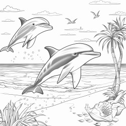 tropical beach and playful dolphins