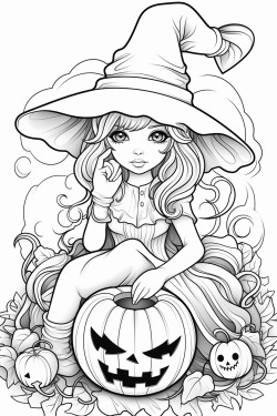 a cute witch sitting on a pumpkin