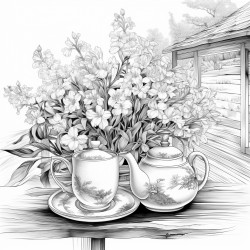 tea service on cafe table flowers and tall grasses in background tree on side