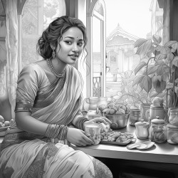 a bengali girl wearing saree sitting on chair drinking tea and table infront of her