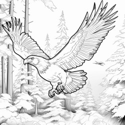 a eagle flying through a dark forest carrying a key in its beak