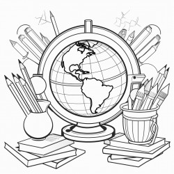globe of the world with school supplies around the letters e n l in the middle of the coloring page