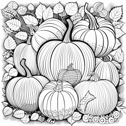 create a blackandwhite coloring page featuring pumpkins and gourds arranged together each pumpkin and gourd should have bold defined outlines showing unique shapes and textures keep the design simple with large open spaces